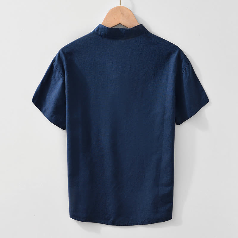 Camicia da uomo in cotone e lino con bottoni a mezza manica, modello Buddha Stones, morbida e semplice, con scollo a giro e bottoni a rana