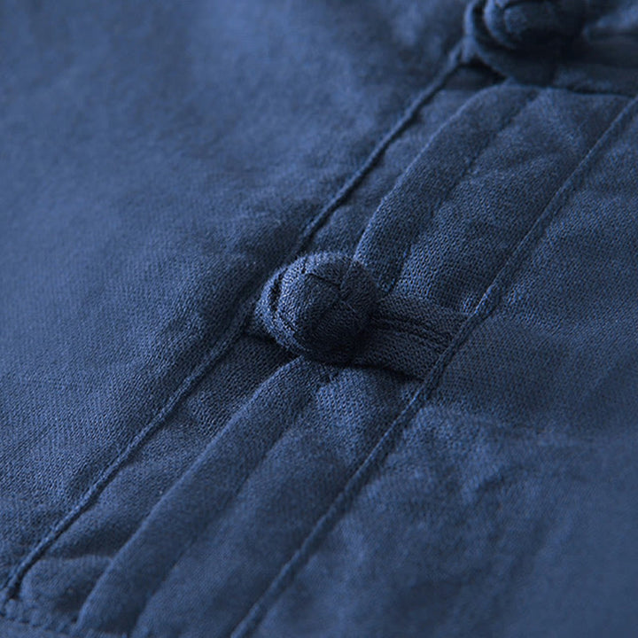 Camicia da uomo in cotone e lino con bottoni a mezza manica, modello Buddha Stones, morbida e semplice, con scollo a giro e bottoni a rana