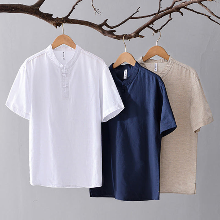 Camicia da uomo in cotone e lino con bottoni a mezza manica, modello Buddha Stones, morbida e semplice, con scollo a giro e bottoni a rana