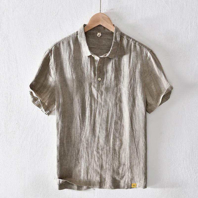 Camicia da uomo in lino con risvolto e mezza abbottonatura, a maniche corte, con design semplice, motivo Buddha Stones - Cachi scuro - US/UK/AU42, EU52 (3XL) - image 0