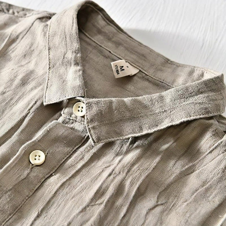 Camicia da uomo in lino con risvolto e mezza abbottonatura, a maniche corte, con design semplice, motivo Buddha Stones - image 1
