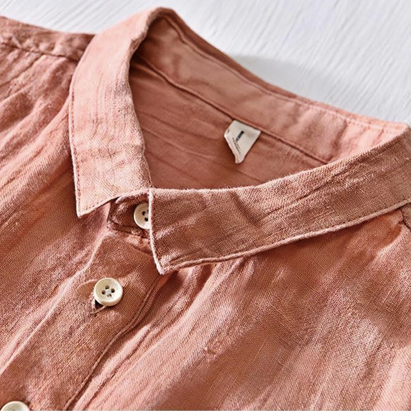 Camicia da uomo in lino con risvolto e mezza abbottonatura, a maniche corte, con design semplice, motivo Buddha Stones - image 13