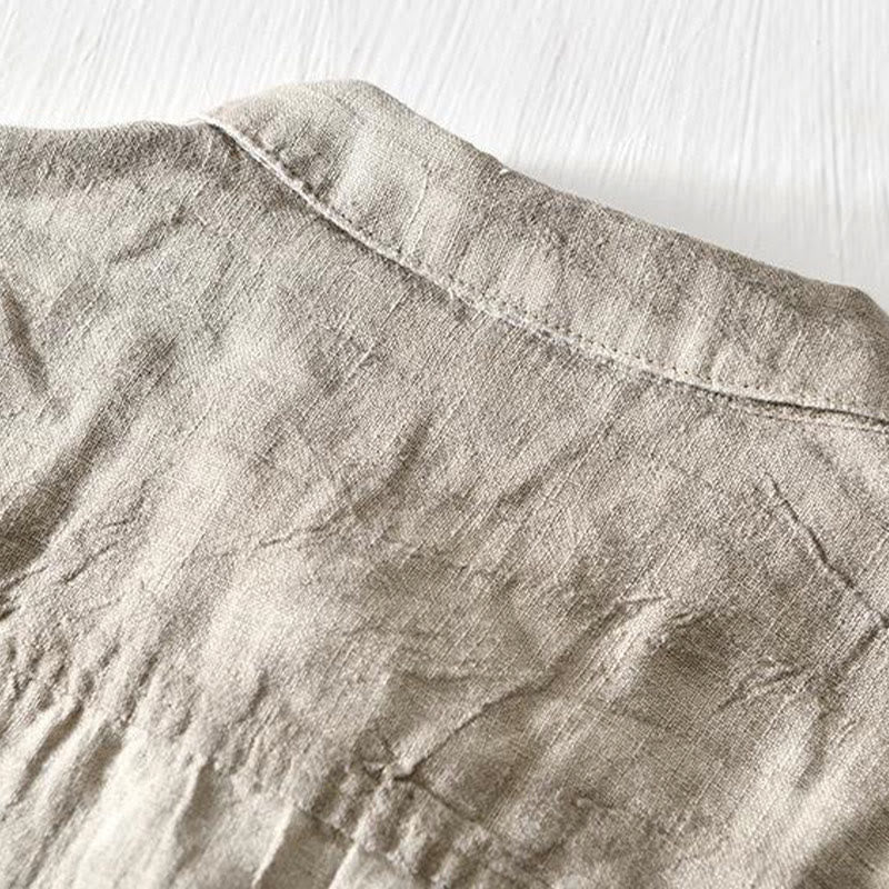 Camicia da uomo in lino con risvolto e mezza abbottonatura, a maniche corte, con design semplice, motivo Buddha Stones - image 2