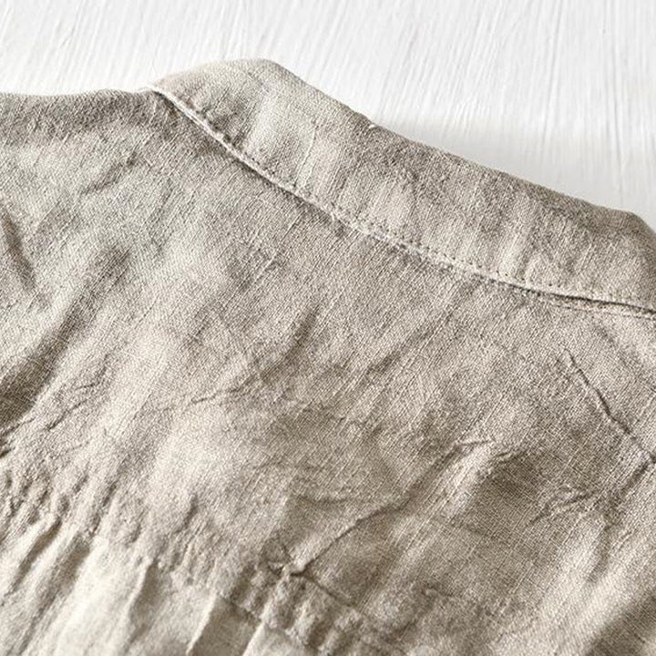 Camicia da uomo in lino con risvolto e mezza abbottonatura, a maniche corte, con design semplice, motivo Buddha Stones - image 2