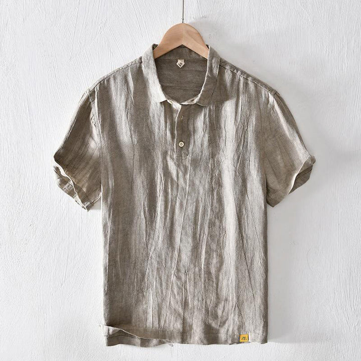 Camicia da uomo in lino con risvolto e mezza abbottonatura, a maniche corte, con design semplice, motivo Buddha Stones - DarkKhaki - US/UK/AU42, EU52 (3XL) - image 0