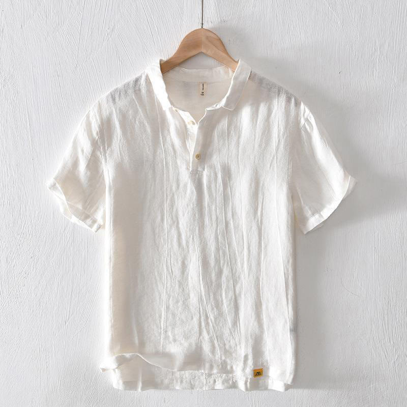 Camicia da uomo in lino con risvolto e mezza abbottonatura, a maniche corte, con design semplice, motivo Buddha Stones - Bianco - US/UK/AU42, EU52 (3XL) - image 4