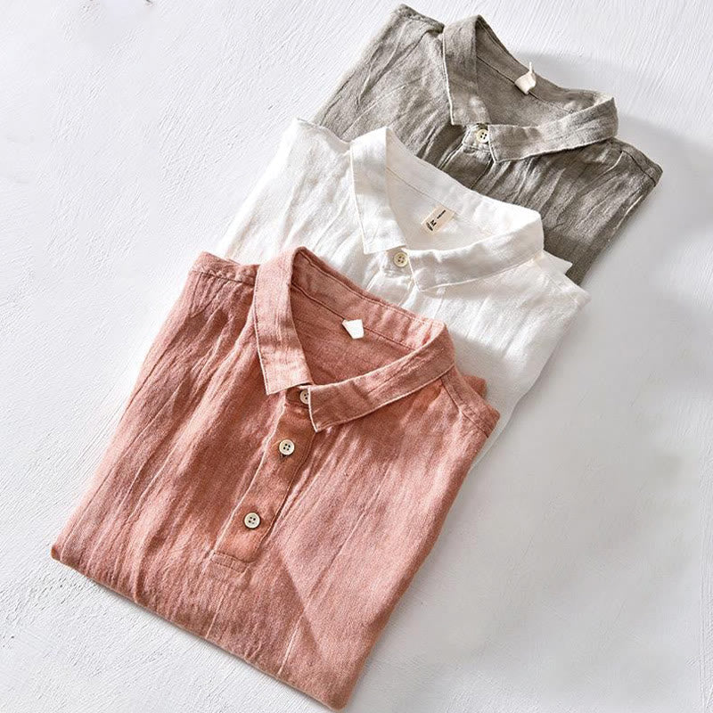 Camicia da uomo in lino con risvolto e mezza abbottonatura, a maniche corte, con design semplice, motivo Buddha Stones - image 16