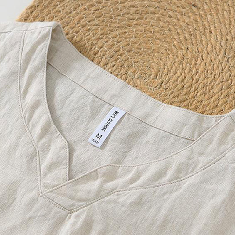 Camicia da uomo in lino a maniche corte con scollo a V e stampa Buddha Stones Casual - image 1