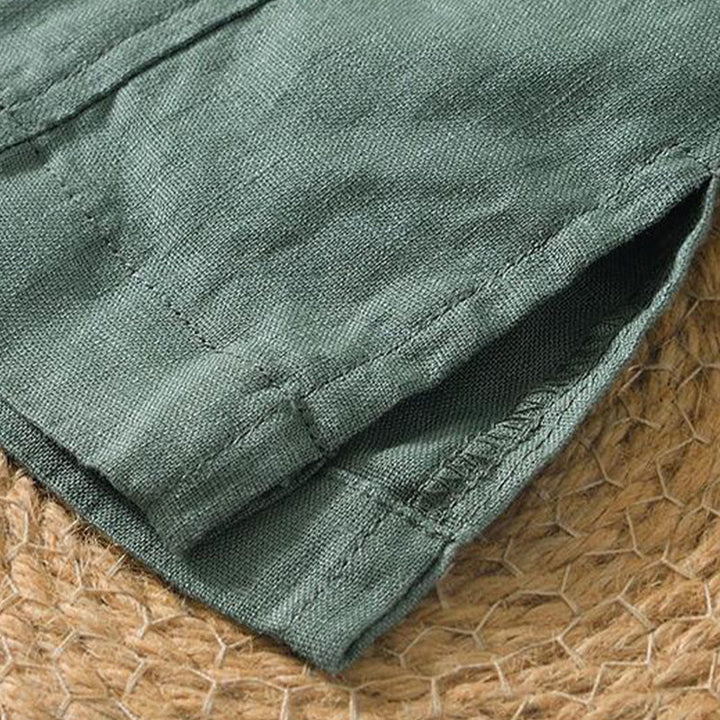 Camicia da uomo in lino a maniche corte con scollo a V e stampa Buddha Stones Casual