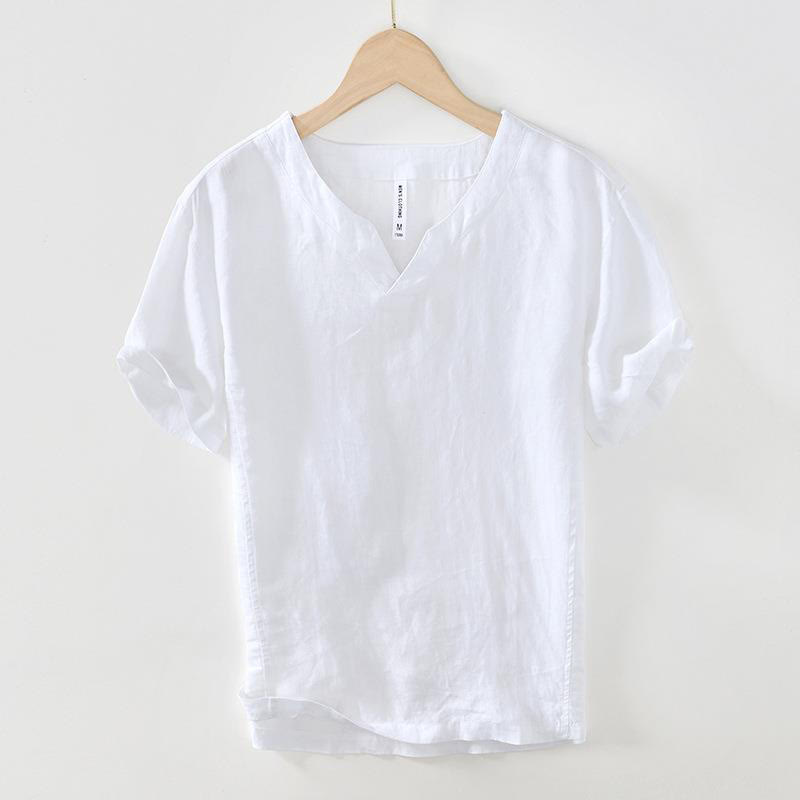 Camicia da uomo in lino a maniche corte con scollo a V e stampa Buddha Stones Casual