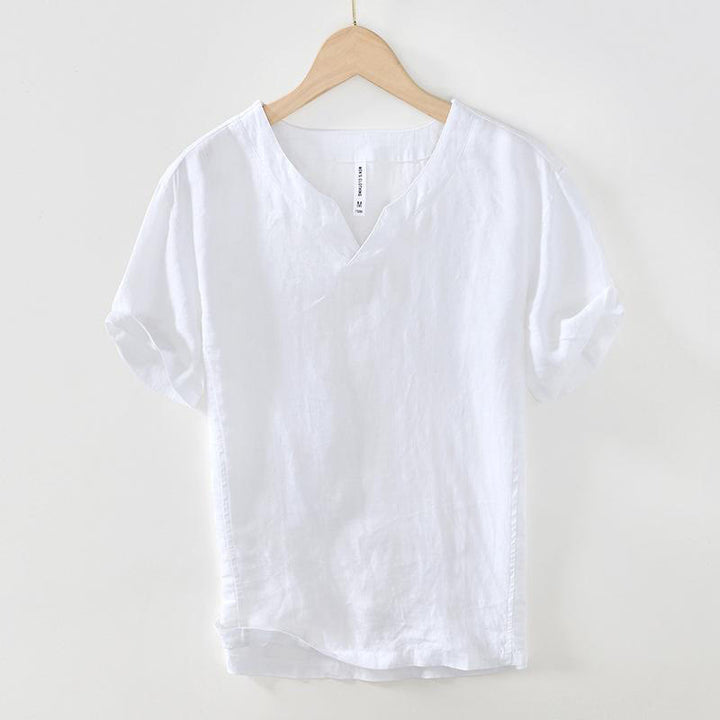 Camicia da uomo in lino a maniche corte con scollo a V e stampa Buddha Stones Casual