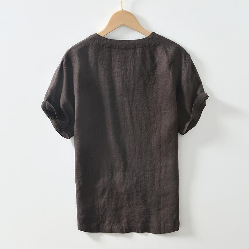 Camicia da uomo in lino a maniche corte con scollo a V e stampa Buddha Stones Casual