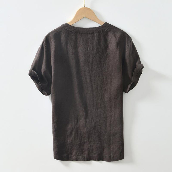Camicia da uomo in lino a maniche corte con scollo a V e stampa Buddha Stones Casual