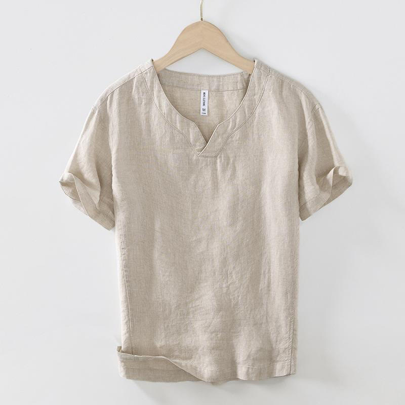 Camicia da uomo in lino a maniche corte con scollo a V e stampa Buddha Stones Casual - Verga d'oro pallida - US/UK/AU42, EU52 (3XL) - image 0