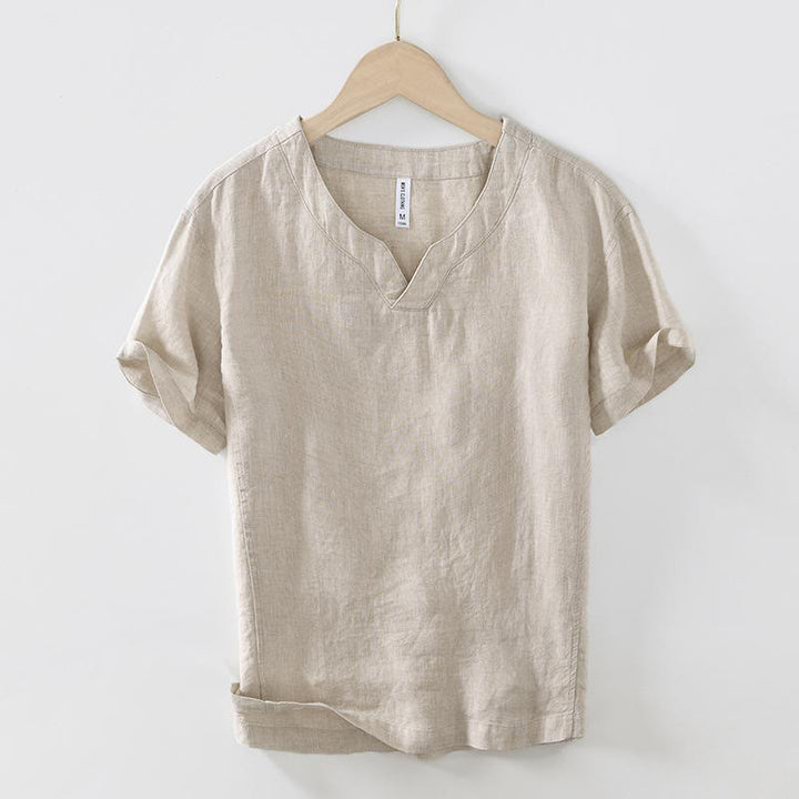 Camicia da uomo in lino a maniche corte con scollo a V e stampa Buddha Stones Casual - Verga d'oro pallida - US/UK/AU42, EU52 (3XL) - image 0