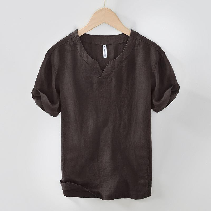 Camicia da uomo in lino a maniche corte con scollo a V e stampa Buddha Stones Casual - Marrone sella - US/UK/AU42, EU52 (3XL) - image 5