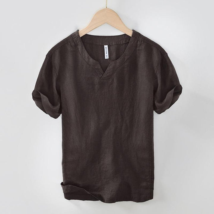 Camicia da uomo in lino a maniche corte con scollo a V e stampa Buddha Stones Casual - Marrone sella - US/UK/AU42, EU52 (3XL) - image 5