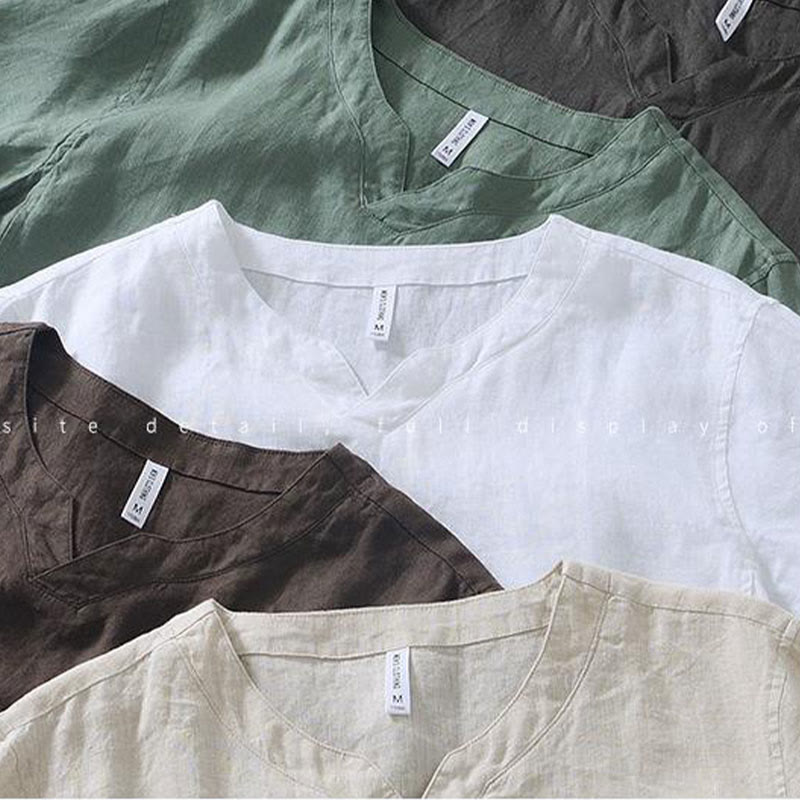 Camicia da uomo in lino a maniche corte con scollo a V e stampa Buddha Stones Casual - image 27