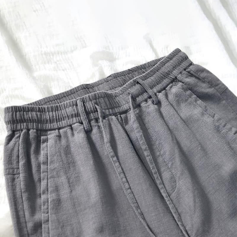 Pantaloni da uomo in lino e cotone con tasche, versatili e casual, con coulisse, lunghezza 7-8, Buddha Stones