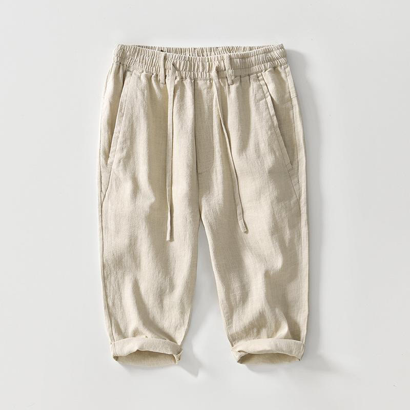 Pantaloni da uomo in cotone e lino con coulisse, modello semplice, con tasche, lunghezza 7-8, motivo Buddha Stones - Beige - US/UK/AU42, EU52 (3XL) - image 0