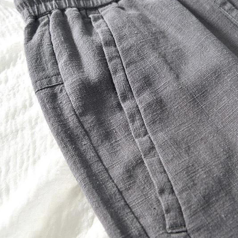 Pantaloni da uomo in lino e cotone con tasche, versatili e casual, con coulisse, lunghezza 7-8, Buddha Stones