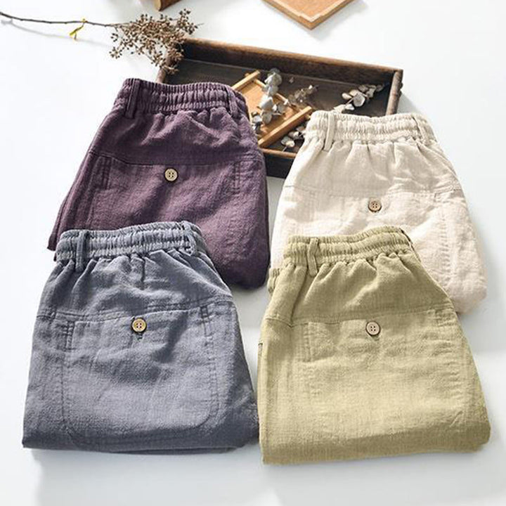 Pantaloni da uomo in lino e cotone con tasche, versatili e casual, con coulisse, lunghezza 7-8, Buddha Stones