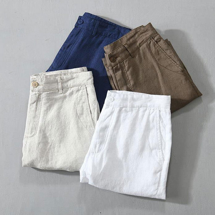 Pantaloncini da uomo in lino con coulisse, tinta unita, con tasche e motivo Buddha Stones