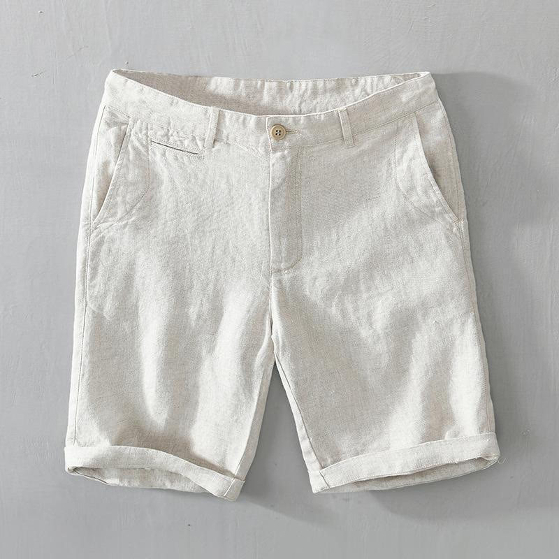 Pantaloncini da uomo in lino con coulisse, tinta unita, con tasche e motivo Buddha Stones