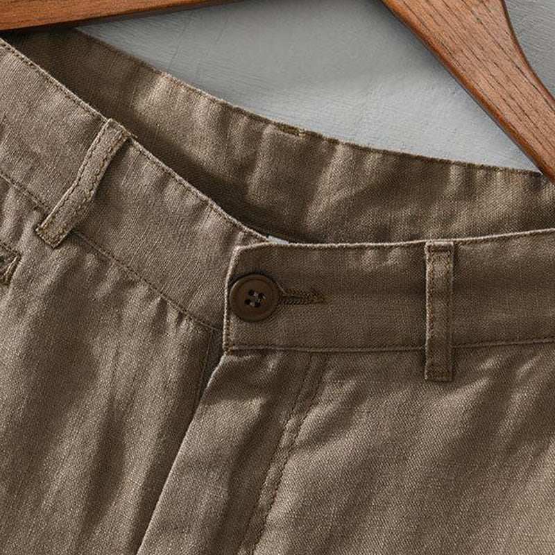 Pantaloncini da uomo in lino con coulisse, tinta unita, con tasche e motivo Buddha Stones - image 1