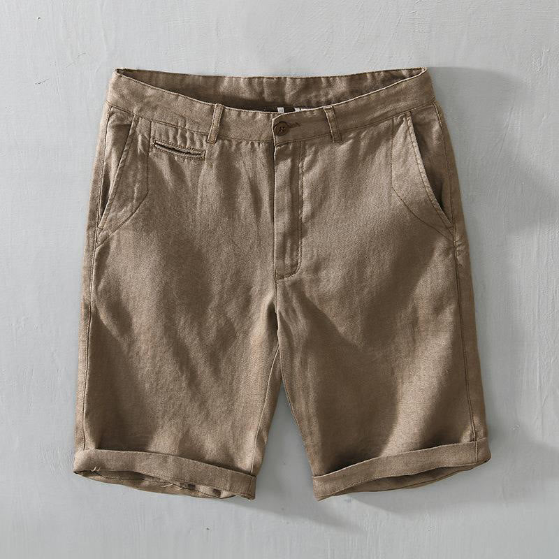 Pantaloncini da uomo in lino con coulisse, tinta unita, con tasche e motivo Buddha Stones - Verga d'oro scura - US/UK/AU46, EU56 (5XL) - image 0