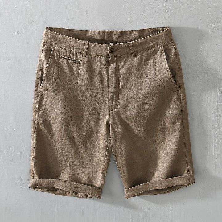 Pantaloncini da uomo in lino con coulisse, tinta unita, con tasche e motivo Buddha Stones - Verga d'oro scura - US/UK/AU46, EU56 (5XL) - image 0