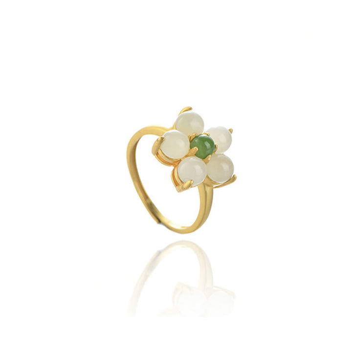 Anello regolabile Buddha Stones 925 Sterling Silver Natural Hetian Jade Peach Blossom Flower Luck