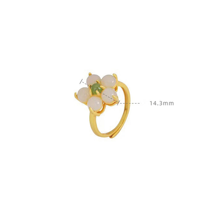 Anello regolabile Buddha Stones 925 Sterling Silver Natural Hetian Jade Peach Blossom Flower Luck