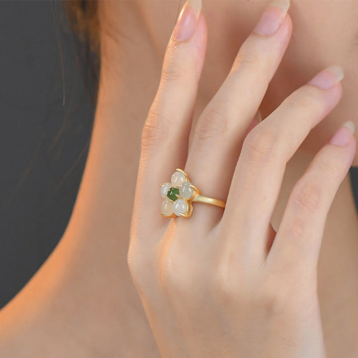 Anello regolabile Buddha Stones 925 Sterling Silver Natural Hetian Jade Peach Blossom Flower Luck