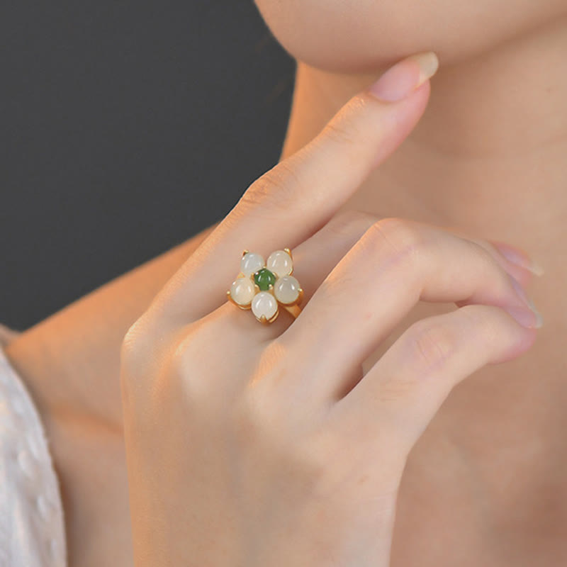 Anello regolabile Buddha Stones 925 Sterling Silver Natural Hetian Jade Peach Blossom Flower Luck