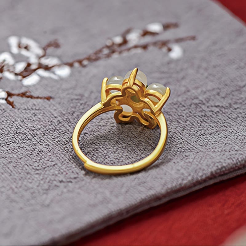 Anello regolabile Buddha Stones 925 Sterling Silver Natural Hetian Jade Peach Blossom Flower Luck