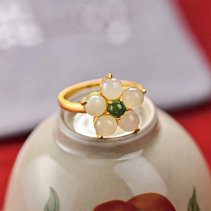 Anello regolabile Buddha Stones 925 Sterling Silver Natural Hetian Jade Peach Blossom Flower Luck