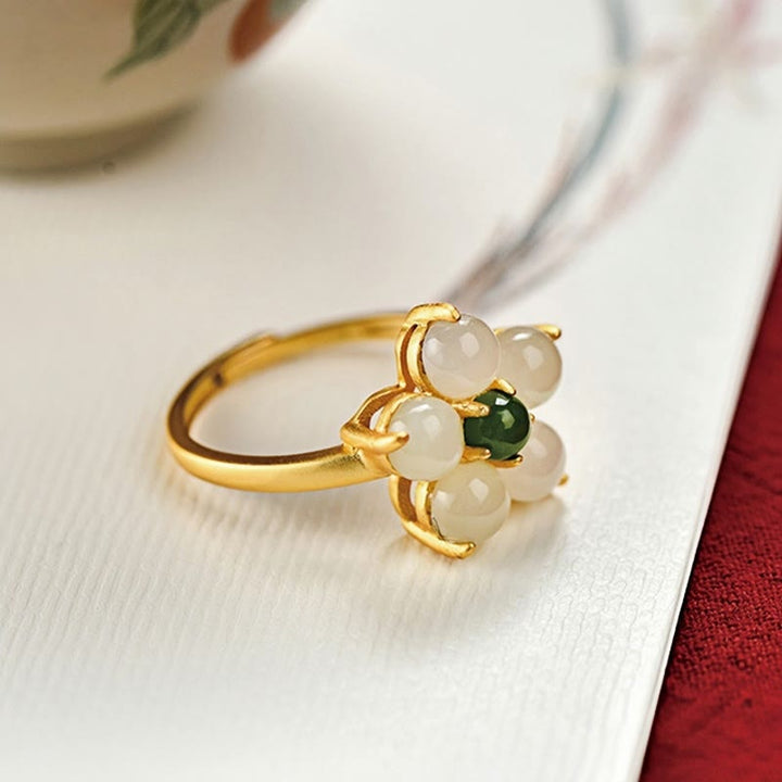 Anello regolabile Buddha Stones 925 Sterling Silver Natural Hetian Jade Peach Blossom Flower Luck