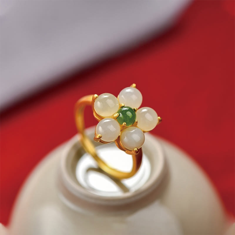 Anello regolabile Buddha Stones 925 Sterling Silver Natural Hetian Jade Peach Blossom Flower Luck
