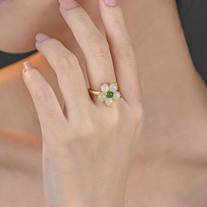 Anello regolabile Buddha Stones 925 Sterling Silver Natural Hetian Jade Peach Blossom Flower Luck