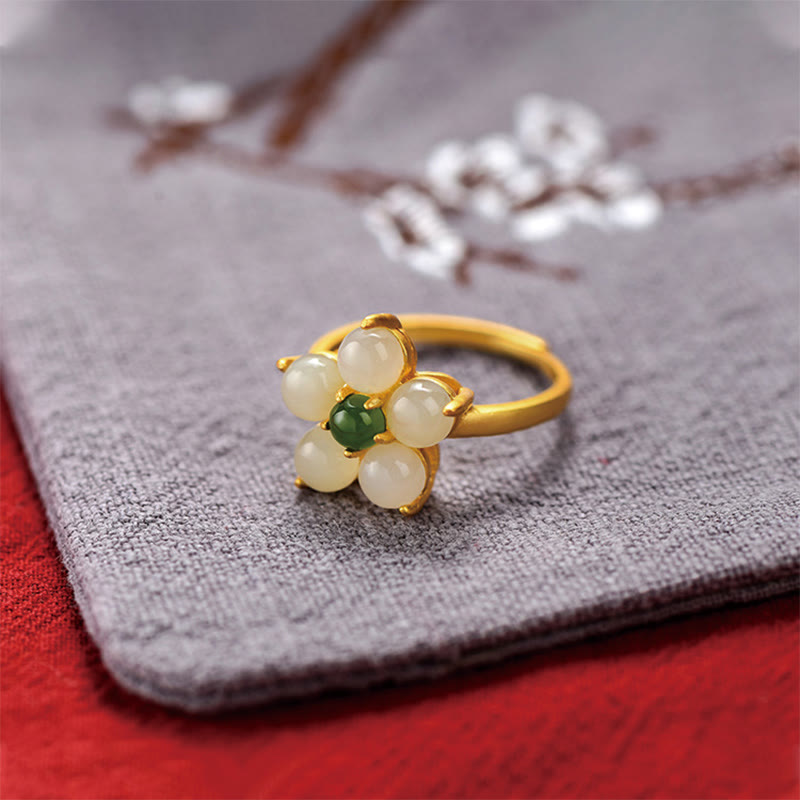 Anello regolabile Buddha Stones 925 Sterling Silver Natural Hetian Jade Peach Blossom Flower Luck