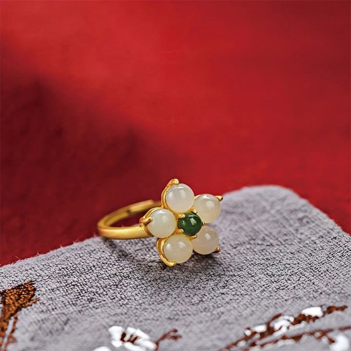 Anello regolabile Buddha Stones 925 Sterling Silver Natural Hetian Jade Peach Blossom Flower Luck
