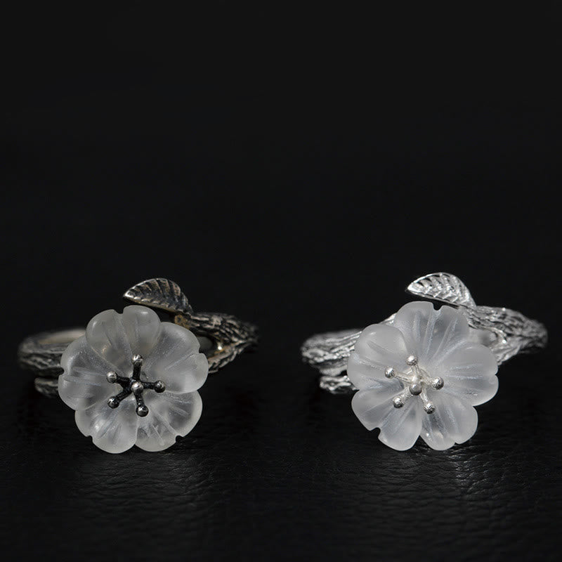 Anello di guarigione regolabile con fiore scheletro di cristallo bianco in argento sterling 925 Buddha Stones - image 1