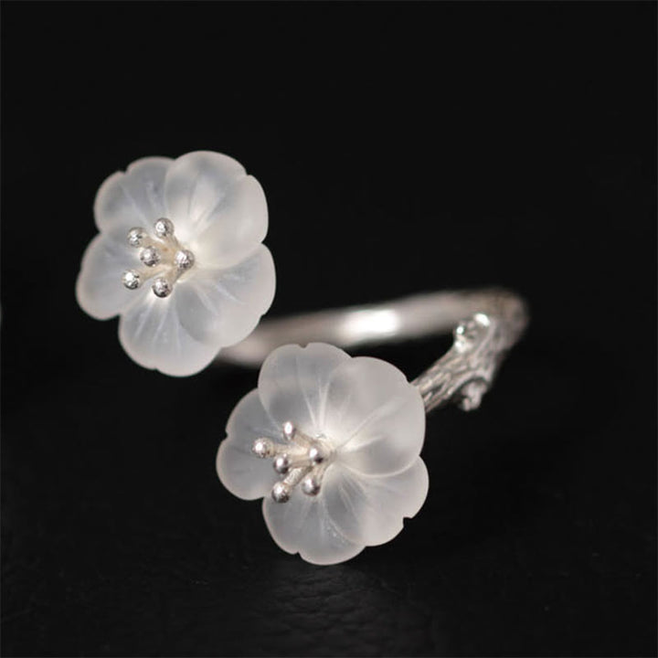Anello di protezione regolabile con doppio fiore di prugna in cristallo bianco in argento sterling 925 Buddha Stones