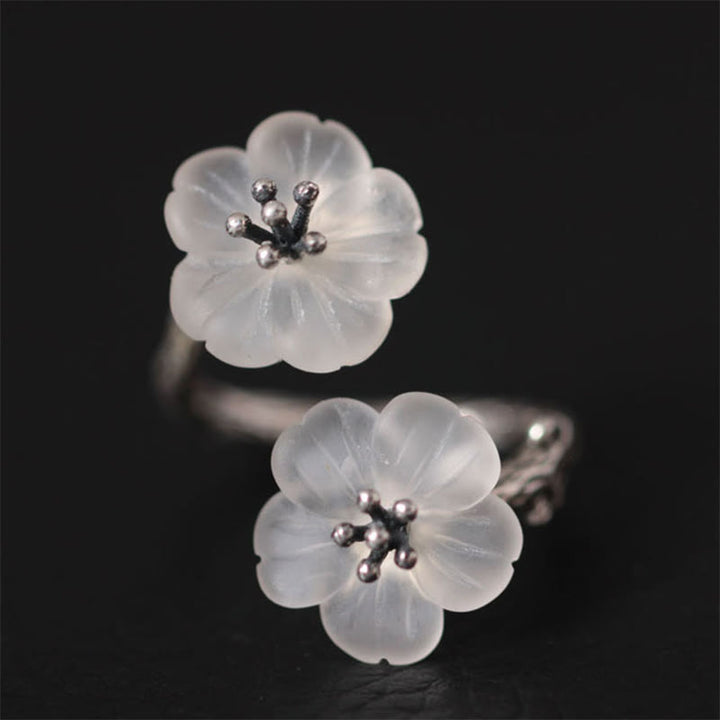 Anello di protezione regolabile con doppio fiore di prugna in cristallo bianco in argento sterling 925 Buddha Stones