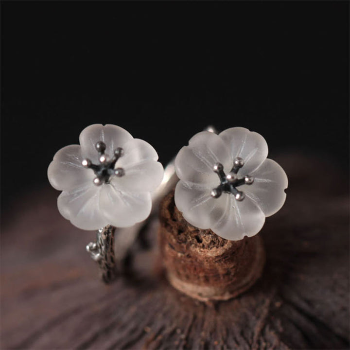 Anello di protezione regolabile con doppio fiore di prugna in cristallo bianco in argento sterling 925 Buddha Stones
