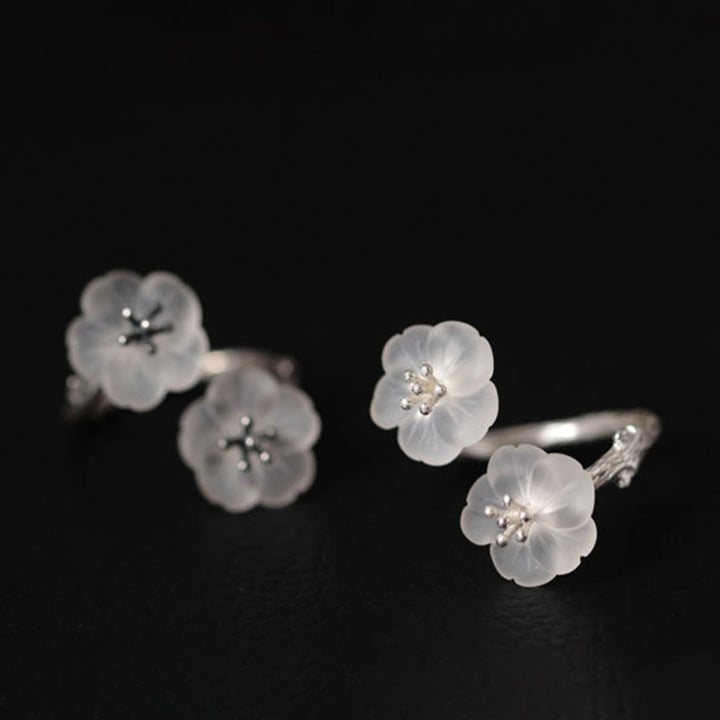 Anello di protezione regolabile con doppio fiore di prugna in cristallo bianco in argento sterling 925 Buddha Stones