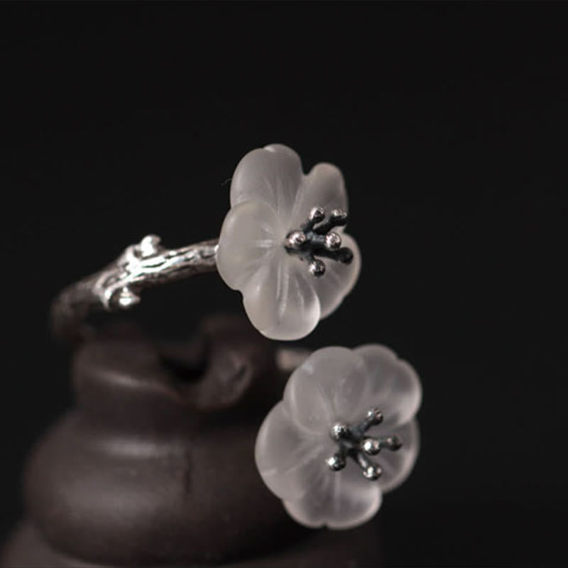 Anello di protezione regolabile con doppio fiore di prugna in cristallo bianco in argento sterling 925 Buddha Stones