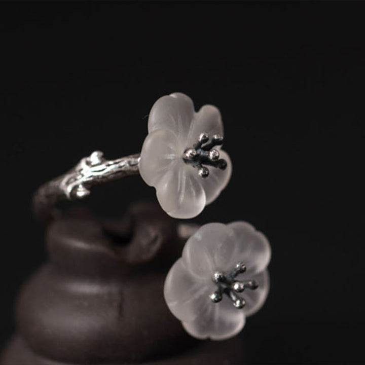 Anello di protezione regolabile con doppio fiore di prugna in cristallo bianco in argento sterling 925 Buddha Stones