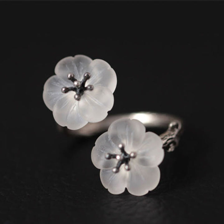Anello di protezione regolabile con doppio fiore di prugna in cristallo bianco in argento sterling 925 Buddha Stones